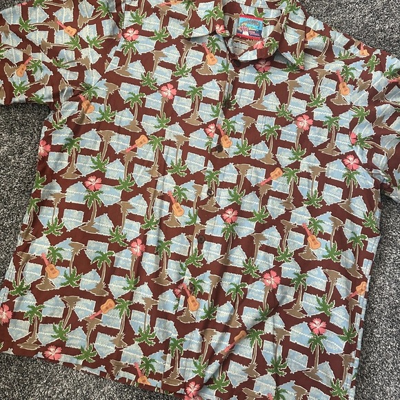 Vtg Reyn Spooner Hawaiian Shirt Mens Large Brown Palm Tree Hut Guitar Hibiscus - Picture 2 of 14